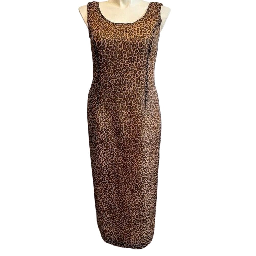 Vintage Virgo II Cheetah Print Sheer Overlay Sheath Bodycon Maxi Dress Size 14